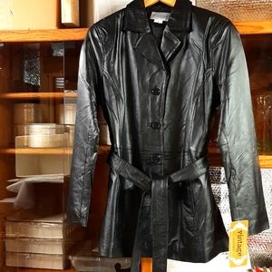 Black Leather ¾ Length Jacket with Leather Strap Belt NWT Size L